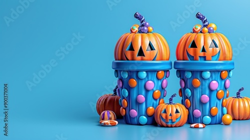 Two cheerful pumpkin cups with festive decor sit amid playful mini pumpkins photo