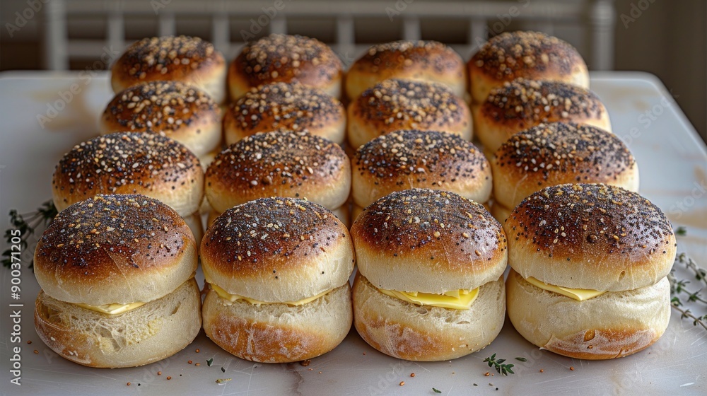 Freshly baked rolls with golden crusts and toppings ready for serving Freshly baked rolls with golden crusts and toppings ready for serving