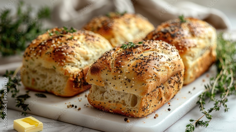 Warm, crusty bread loaves topped with herbs rest on a marble surface Warm, crusty bread loaves topped with herbs rest on a marble surface