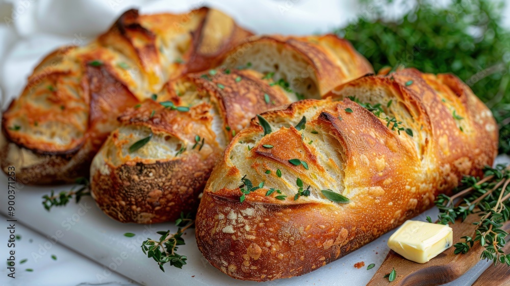 Warm bread loaves topped with fresh herbs and a pat of butter await enjoyment Warm bread loaves topped with fresh herbs and a pat of butter await enjoyment