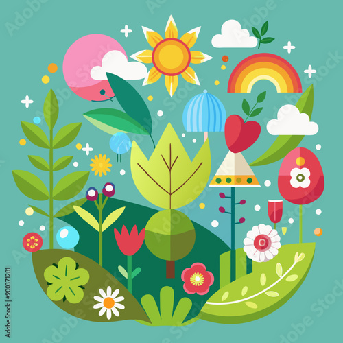 landscape with flowers and birds