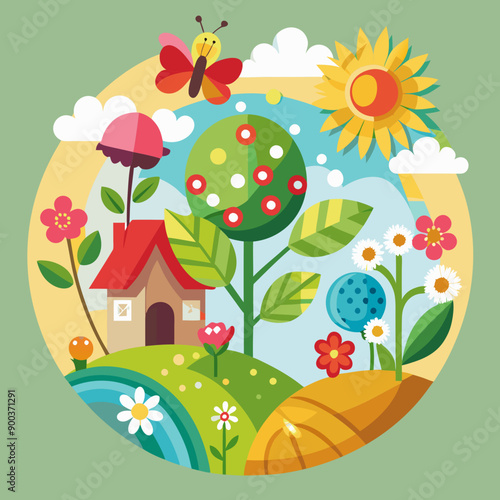 landscape with house and flowers