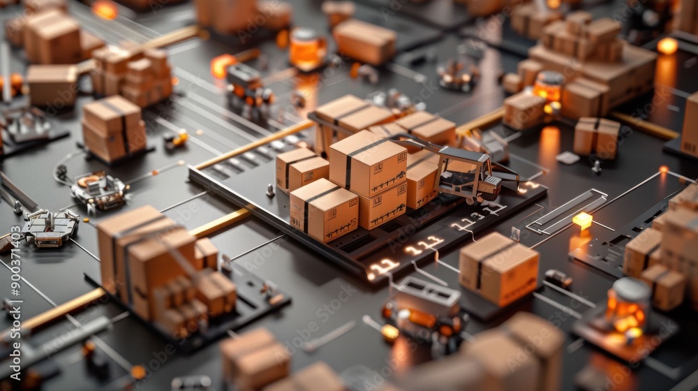 A computer generated image of a city with a lot of boxes and trucks A computer generated image of a city with a lot of boxes and trucks