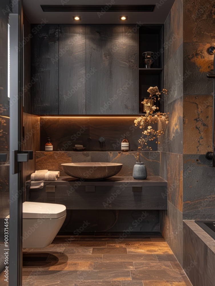 Ultrasmall bathroom minimalist italian design style natural stone textures wet and dry separation smart toilet solid wood bathroom cabinet black color theme
