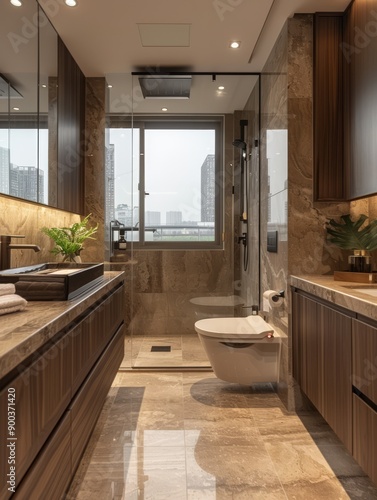 Ultrasmall bathroom minimalist italian design style natural stone textures wet and dry separation smart toilet solid wood bathroom cabinet black color theme