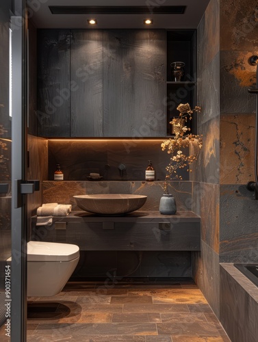 Obraz na płótnie Ultrasmall bathroom minimalist italian design style natural stone textures wet and dry separation smart toilet solid wood bathroom cabinet black color theme w salonie