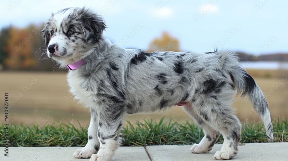 A playful puppy stands on the grass with colorful autumn leaves behind A playful puppy stands on the grass with colorful autumn leaves behind