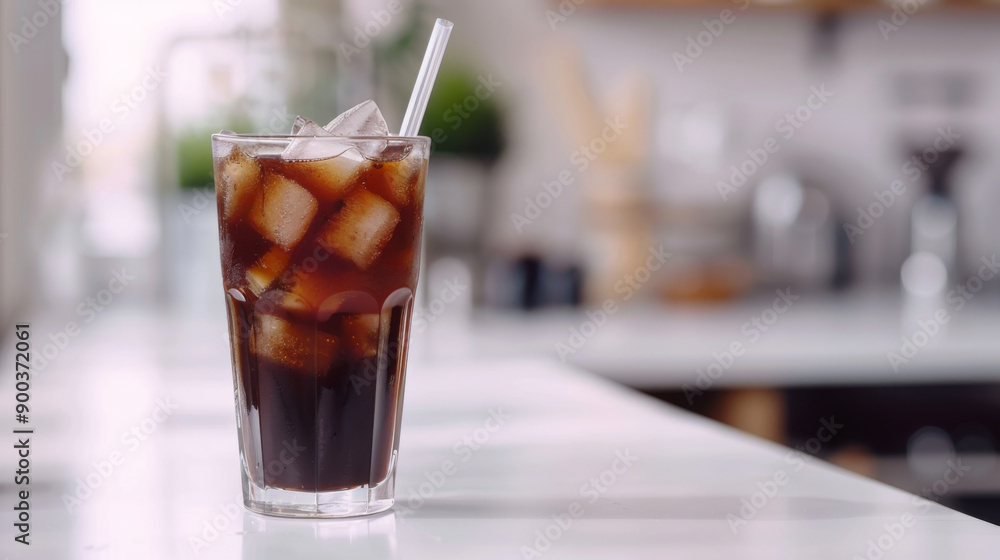 A glass of iced coffee with a straw sits on a white countertop A glass of iced coffee with a straw sits on a white countertop
