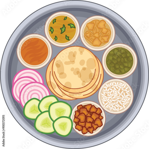 Traditional indian thali meal being served in metal bowls on a round tray