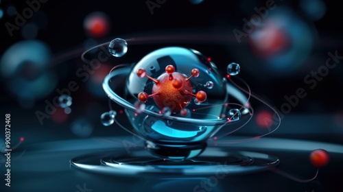 A futuristic representation of a virus particle within a molecular structure, surrounded by energy waves and bubbles. photo