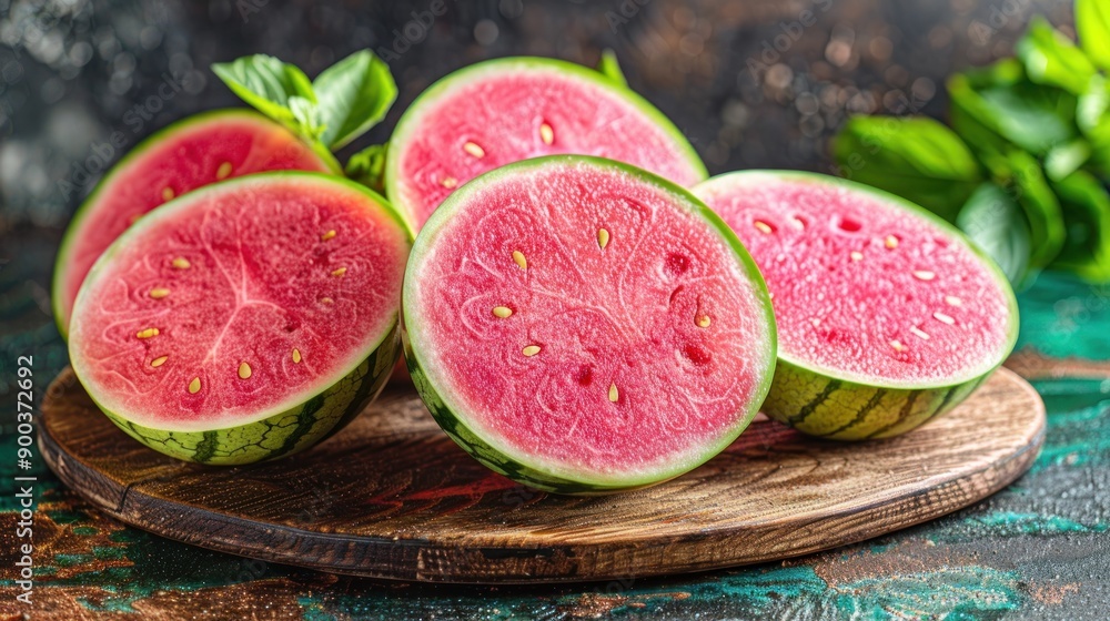 Juicy watermelon slices arranged artfully on a rustic wooden surface Juicy watermelon slices arranged artfully on a rustic wooden surface