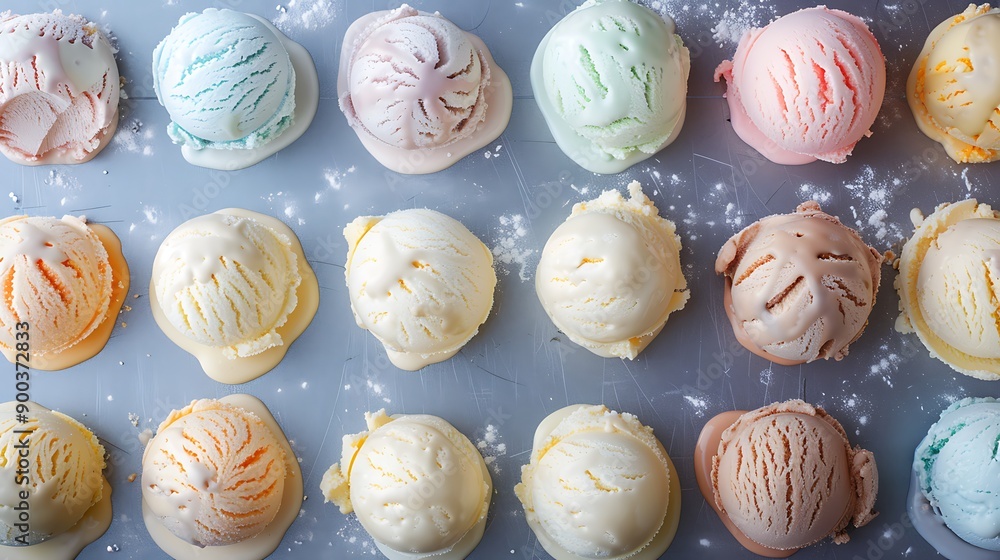Melted Ice Cream Scoops in Different Flavors on a Grey Background. Melted Ice Cream Scoops in Different Flavors on a Grey Background.