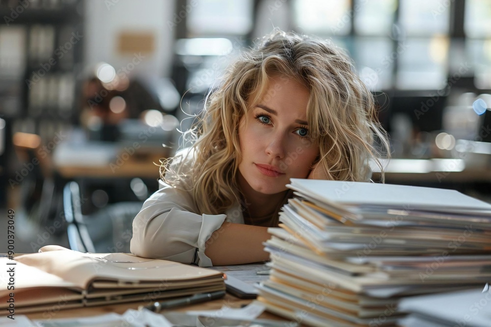 Beautiful businesswoman looking exhausted as she works at her desk surrounded by a stack of folders. Beautiful businesswoman looking exhausted as she works at her desk surrounded by a stack of folders.
