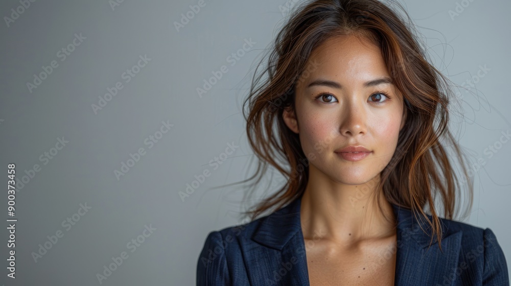 A young woman confidently poses in a tailored suit, showcasing elegance A young woman confidently poses in a tailored suit, showcasing elegance