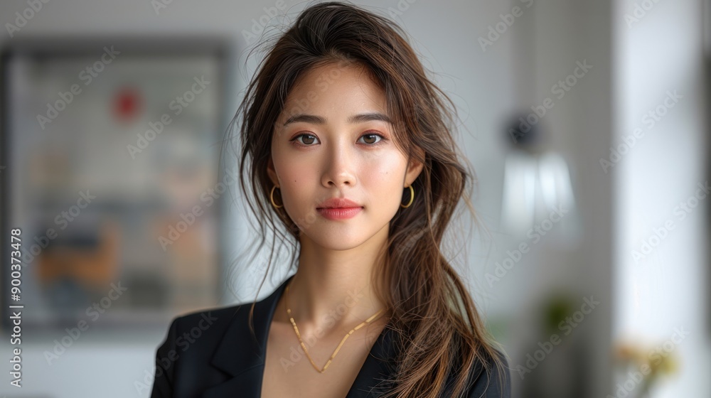 A confident young woman poses gracefully in a modern workspace A confident young woman poses gracefully in a modern workspace