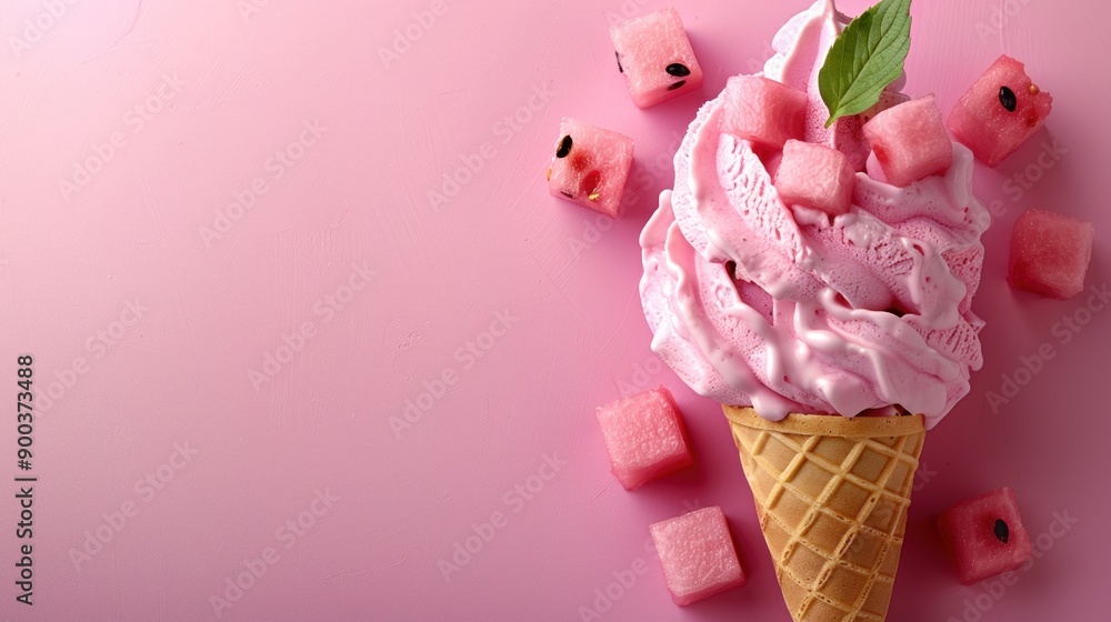 Enjoying a refreshing watermelon ice cream cone surrounded by pink cubes Enjoying a refreshing watermelon ice cream cone surrounded by pink cubes