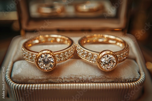 Elegant Golden Wedding Rings with Diamonds - Luxurious Jewelry for Engagement and Marriage photo