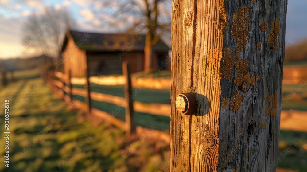 Close-up of a weathered wooden fence post with a barn and field in the background during sunset, capturing rustic charm and warmth. Close-up of a weathered wooden fence post with a barn and field in the background during sunset, capturing rustic charm and warmth.