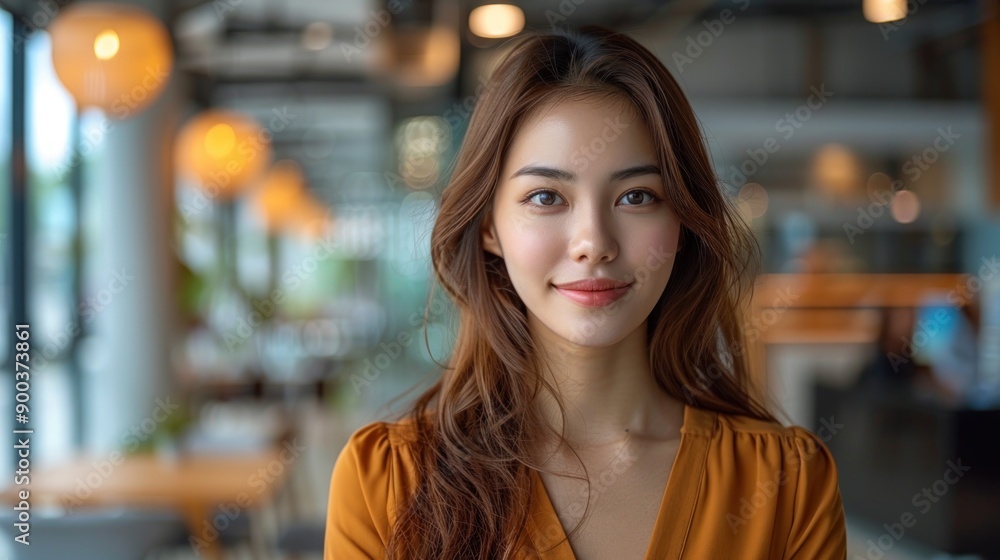 Warm sunlight highlights a smiling young woman in a cozy café Warm sunlight highlights a smiling young woman in a cozy café