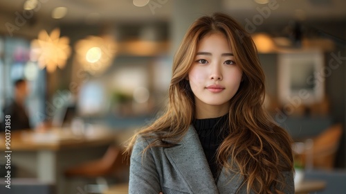 Wallpaper Mural A young woman stands confidently in a stylish café setting Torontodigital.ca
