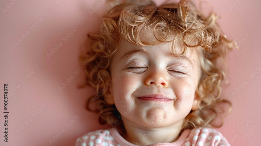A cheerful toddler with curly hair smiles radiantly against a pink backdrop A cheerful toddler with curly hair smiles radiantly against a pink backdrop