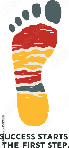 Grey, Yellow and Red coloured minimalistic rough sketch of a footprint with the text "Success starts with the first step"