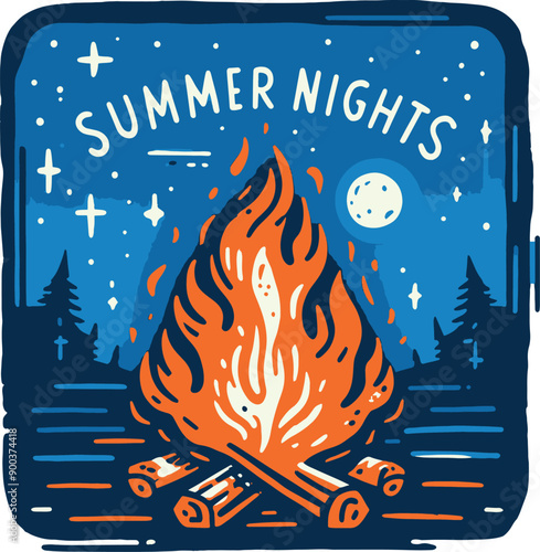Vibrant Orange and Blue Minimalistic rough cartoon sketch of a campfire at night with the text "Summer Nights"
