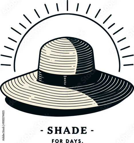 Stylish sunhat against a sunny background. Elegant Minimalistic simple illustration with the text "Shade for Days"