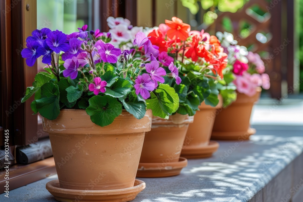 Fototapeta premium Photo of Assorted colors geranium flower in flower pot on the front porch, Generative AI