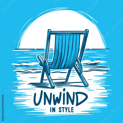 Bright Blue Minimalistic rough sketch of a beach chair with the text "Unwind in Style"