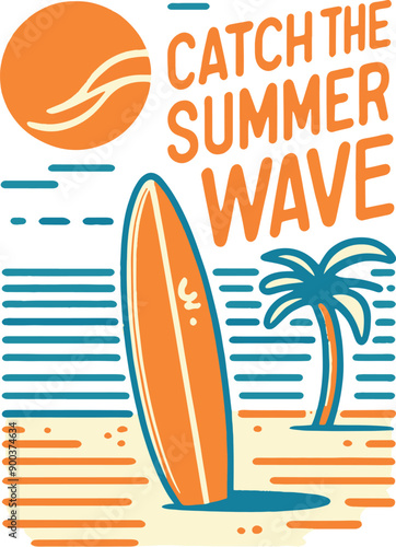 Bright Orange and Pale Blue Minimalistic rough cartoon sketch of a surfboard on the beach with the text "Catch the Summer Wave"