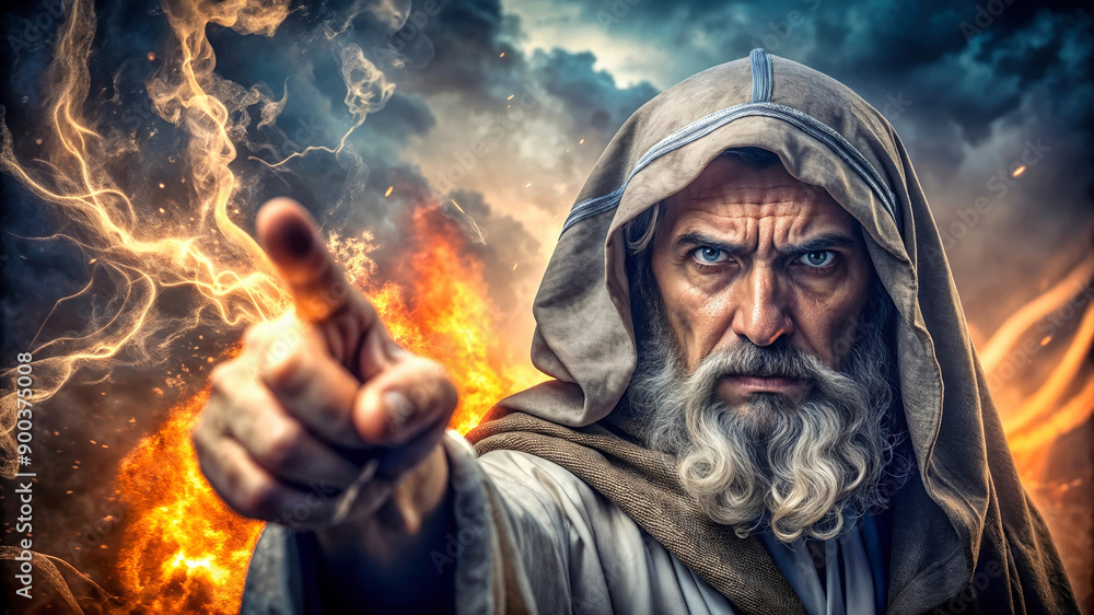 An old prophet and messenger of God pointing the finger and warning people of their mistakes An old prophet and messenger of God pointing the finger and warning people of their mistakes