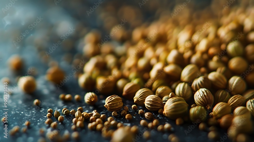 Close-up of Coriander Seeds on a Dark Background. Close-up of Coriander Seeds on a Dark Background.