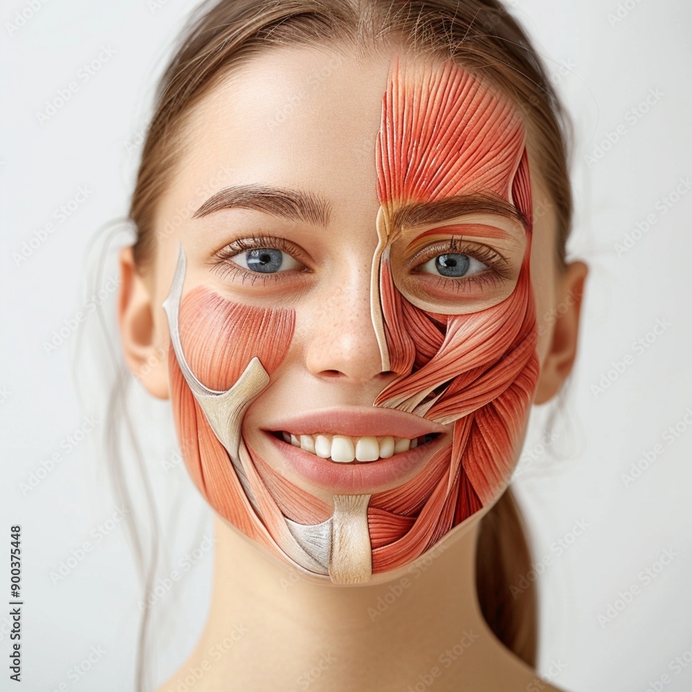 Fototapeta premium Young Woman Smiling with Half Face Muscle Anatomy