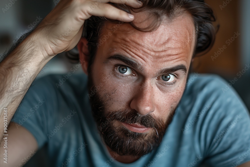 Obraz premium Man Checking Hair in Mirror