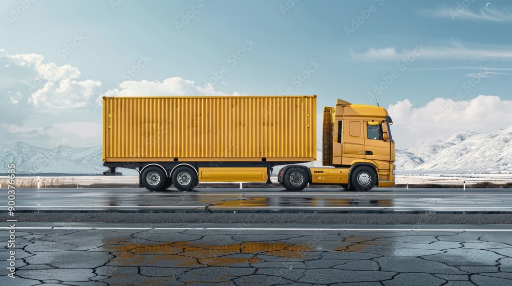 Yellow Semi-Truck on Highway Yellow Semi-Truck on Highway