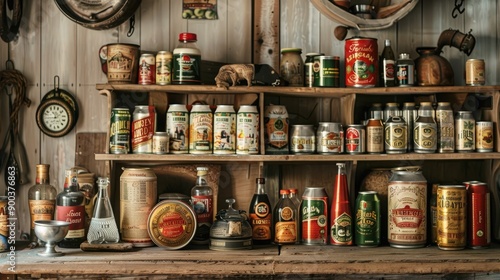 Wallpaper Mural A collection of European canned beverages displayed in a rustic kitchen setting Torontodigital.ca