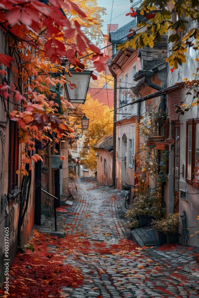 Fototapeta premium A scenic view of a cobblestone street surrounded by autumn foliage and buildings