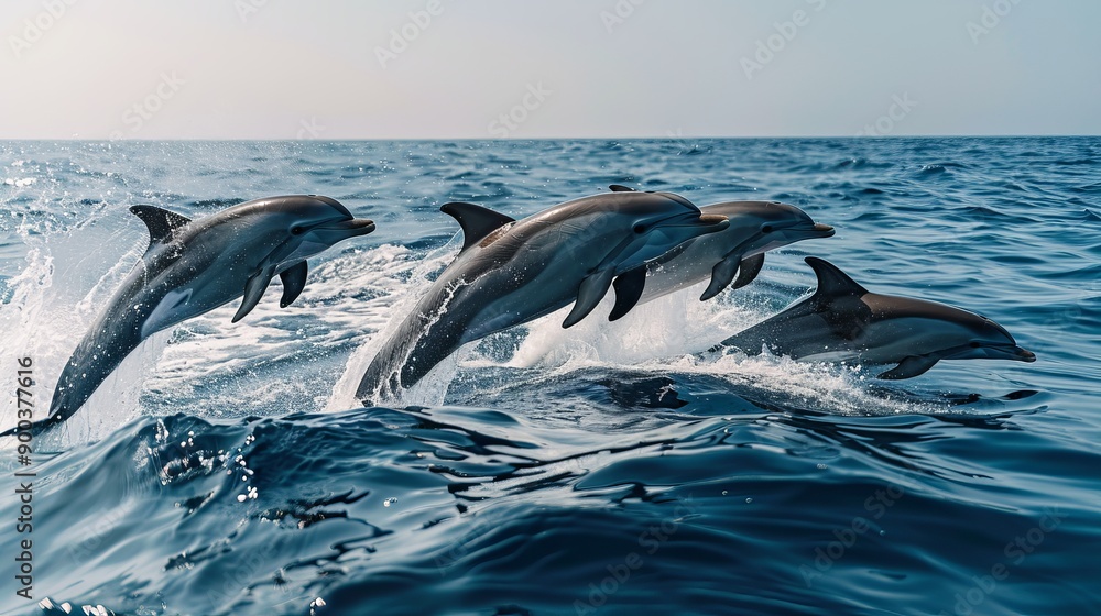 Fototapeta premium Group of dolphins jumping from the sea