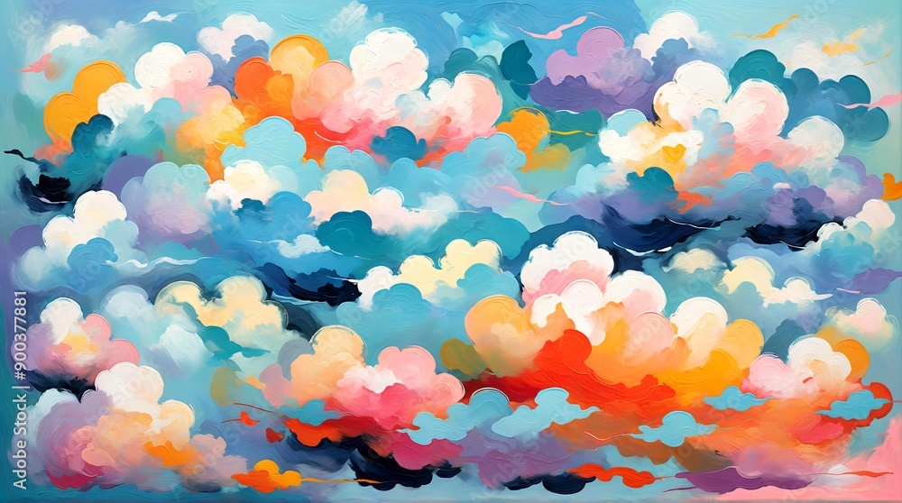 Fototapeta premium Illustration of a modern, stylized cloud pattern with soft, rounded shapes and a gradient sky background. Abstract Expressionism Art Style. 11