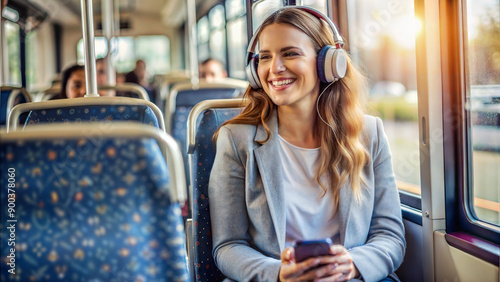 Smiling young woman listening to music in headphones while riding a bus
