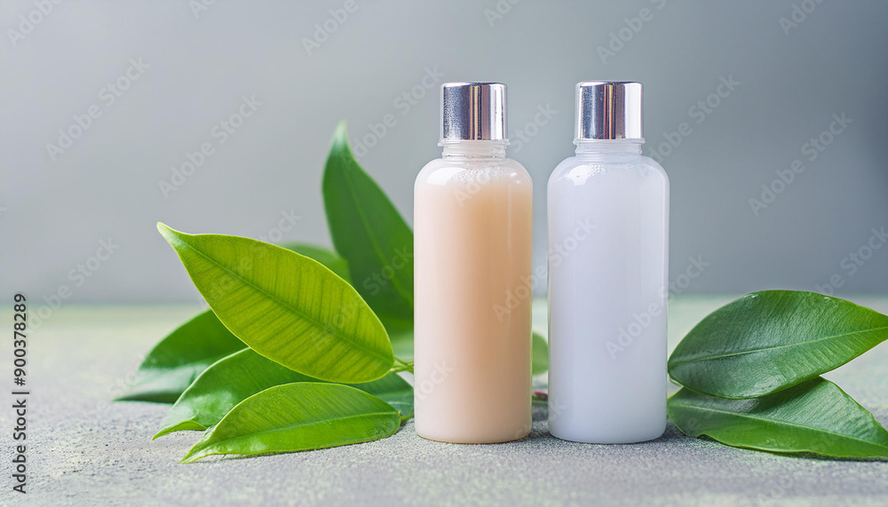 mockup cosmetic set of bottles with twigs and leaves on a gray background. Presentation of organic cosmetics, creams and shampoos. mockup cosmetic set of bottles with twigs and leaves on a gray background. Presentation of organic cosmetics, creams and shampoos.