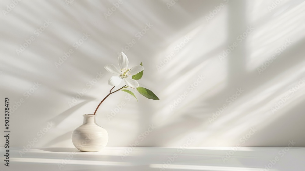A delicate flower in a small vase on a white background, softly lit A delicate flower in a small vase on a white background, softly lit