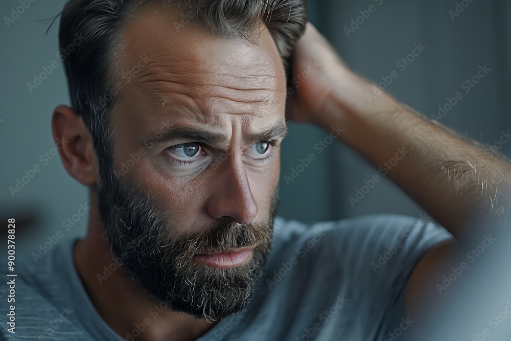 Fototapeta premium Man Inspecting Hair in Front of Mirror