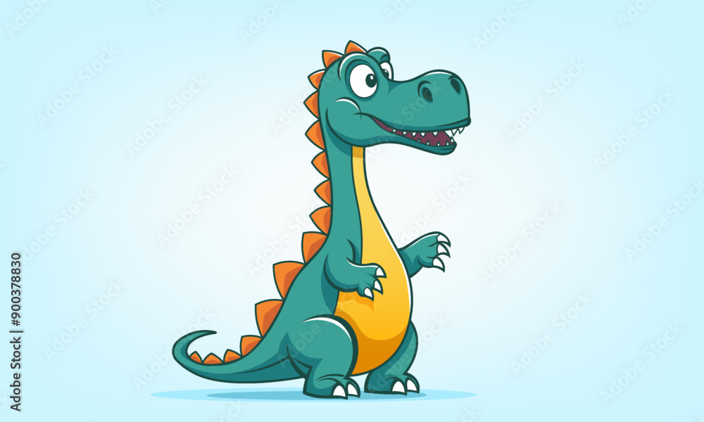 Obraz premium Vector green cartoon funny cute kind nice little baby dinosaur rex or crocodile cub. Toon prehistoric extinct animal, reptile.