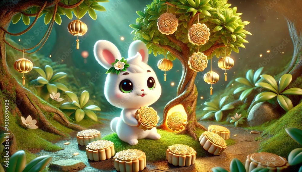 Fototapeta premium A little rabbit holds a mooncake under a tree with mooncakes on it during the Chinese Mid-Autumn Festival.