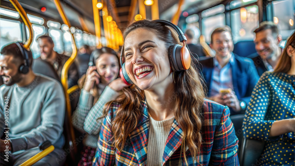 Group of happy people riding a bus and listening to music with headphones Group of happy people riding a bus and listening to music with headphones