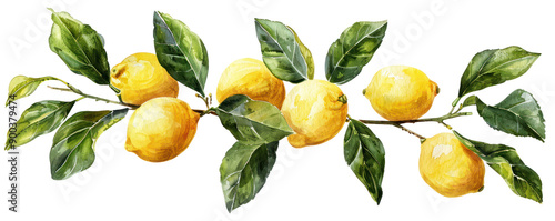 A vibrant illustration of fresh lemons on a branch, showcasing the bright yellow fruit and lush green leaves.