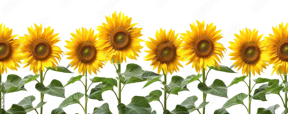 A vibrant row of sunflowers standing tall, showcasing their bright yellow petals against a green backdrop. A vibrant row of sunflowers standing tall, showcasing their bright yellow petals against a green backdrop.