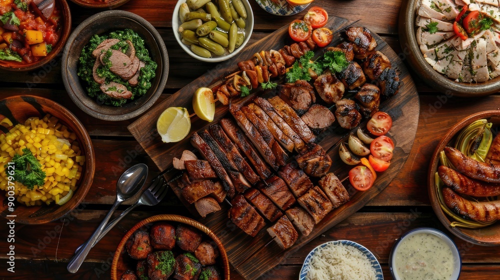 A festive Brazilian barbecue with grilled meats and traditional sides A festive Brazilian barbecue with grilled meats and traditional sides